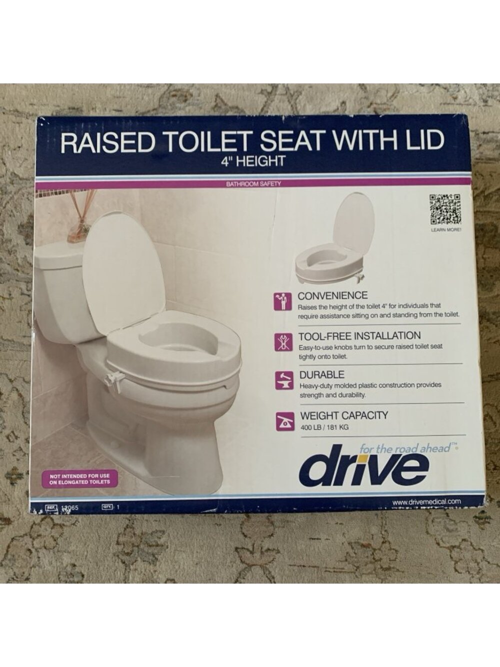 Drive Medical 12065 Raised Toilet Seat w/ Lid 4” Standard 400 lb White